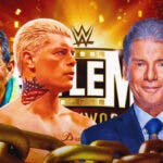 Dave Meltzer with Cody Rhodes on his left, and Vince McMahon on his right with the WrestleMania 39 logo as the background.