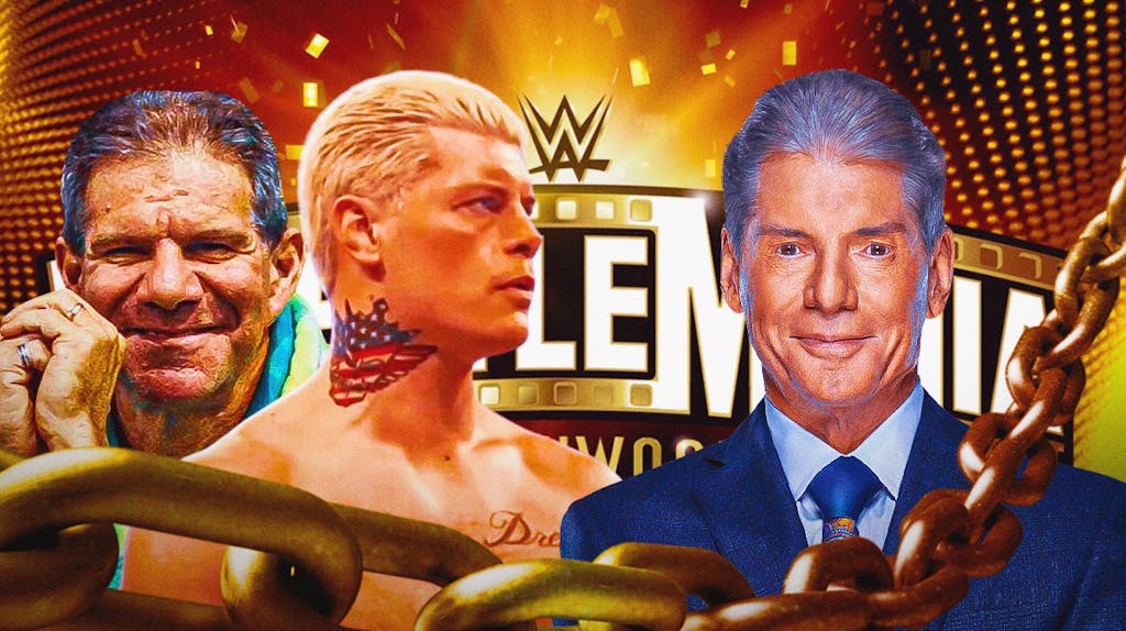 Dave Meltzer with Cody Rhodes on his left, and Vince McMahon on his right with the WrestleMania 39 logo as the background.