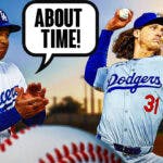 Photo: Dave Roberts in Dodgers jersey coaching saying "About time!", Tyler Glasnow pitching beside him in Dodgers jersey