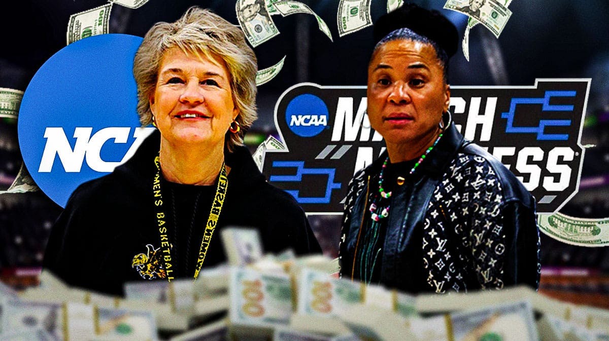 - Iowa women's basketball coach Lisa Bluder, South Carolina women's basketball coach Dawn Staley, with dollar bills/money around them, and the NCAA March Madness logo behind them