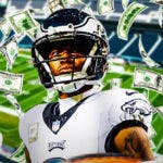 Philadelphia Eagles star DeVonta Smith with money around him in front of Lincoln Financial Field.