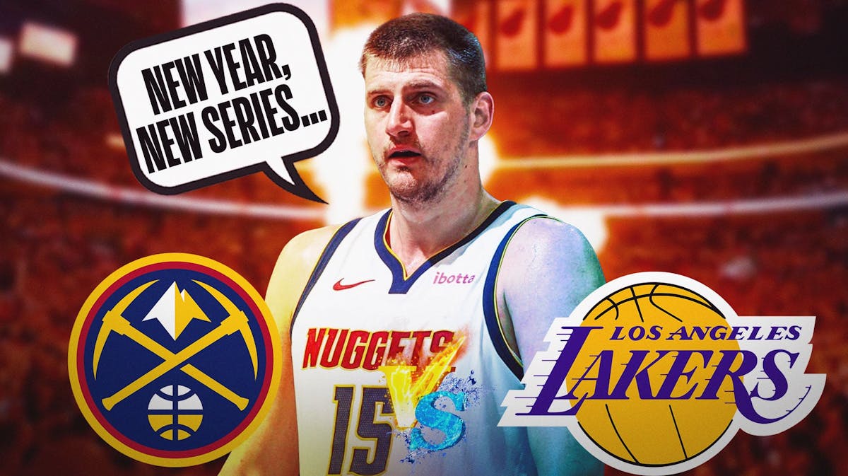 Nikola Jokic saying "new year, new series..." Nuggets logo and the Lakers logo with a "vs." between the logos.