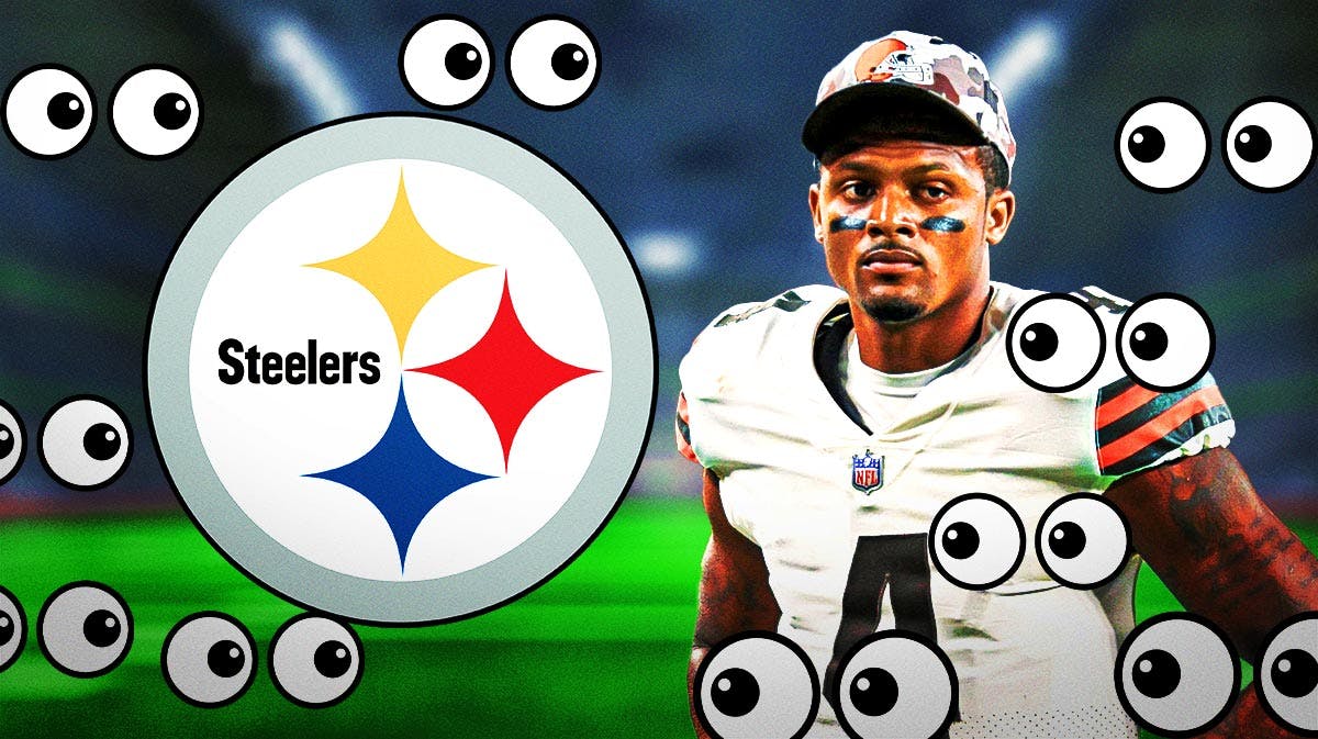 Cleveland Browns QB Deshaun Watson and a logo for the Pittsburgh Steelers with eyeballs emoji between them