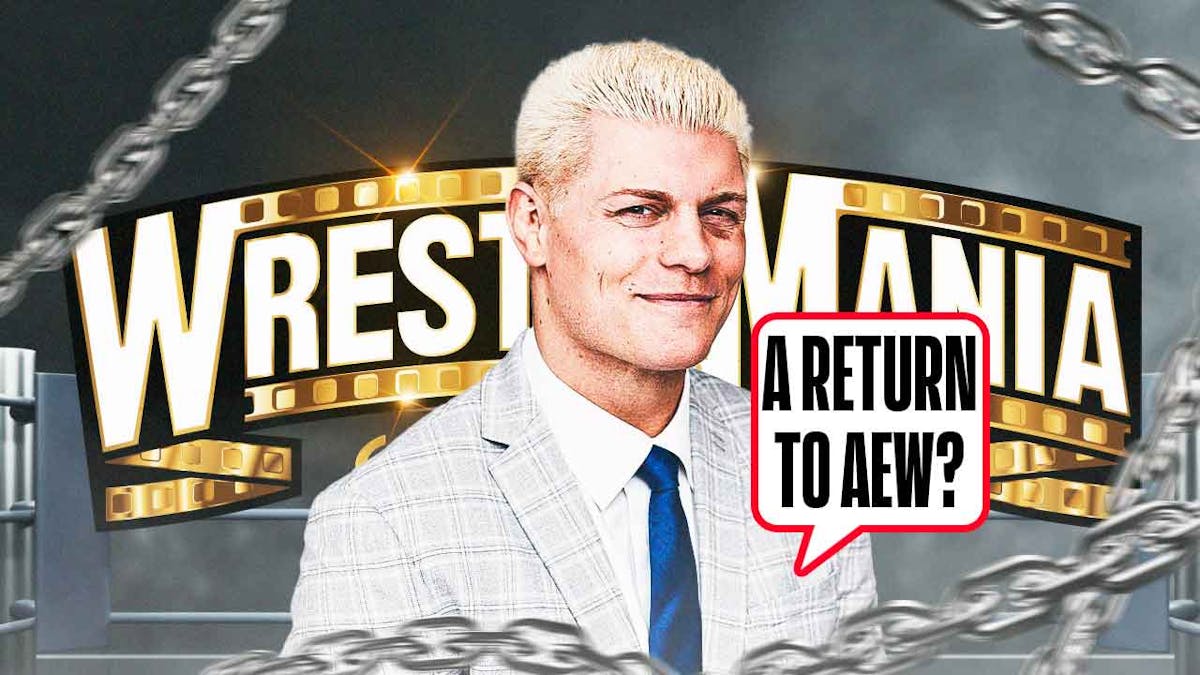 Cody Rhodes with a text bubble reading "A return to AEW?" with the WrestleMania 39 logo as the background.