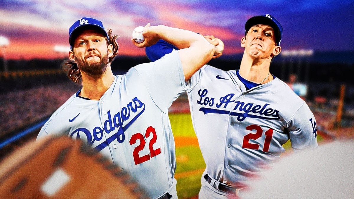 Dodgers' Walker Buehler, Dodgers' Clayton Kershaw both pitching baseballs at Dodger Stadium.