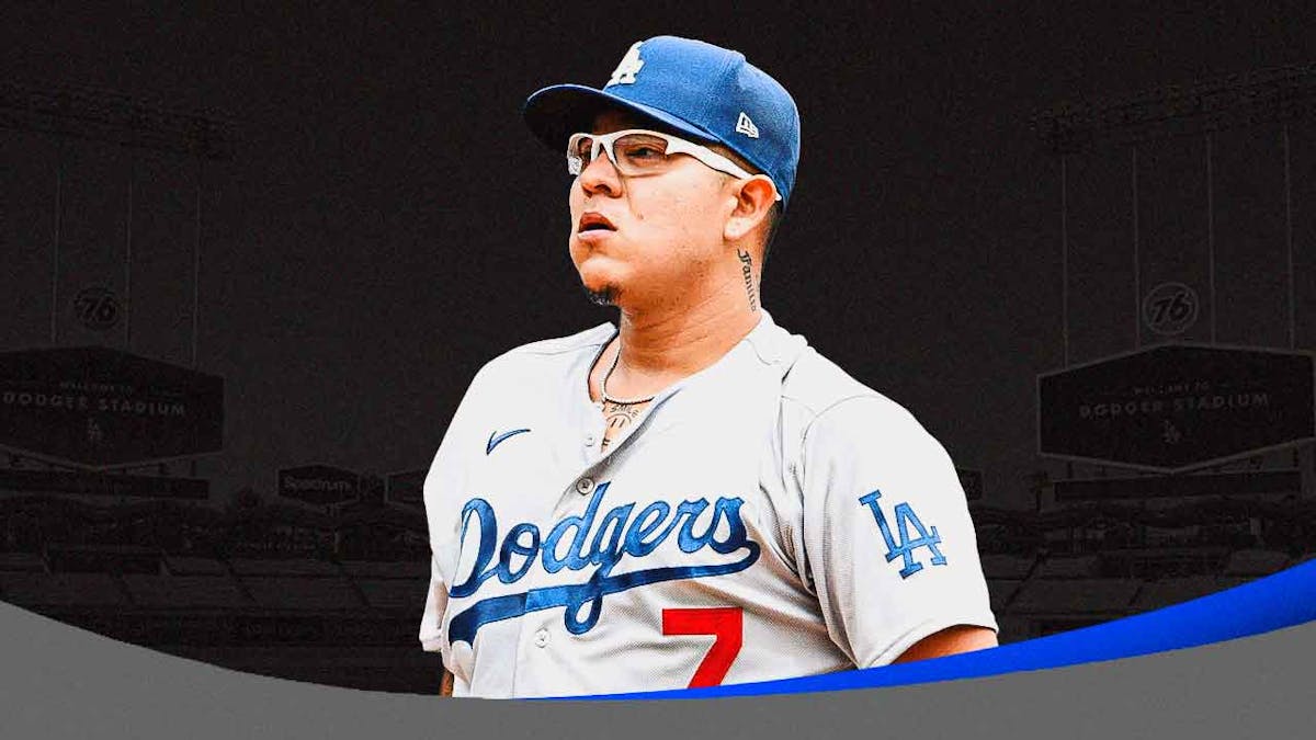 Julio Urias (Dodgers) standing in front looking serious. Make the background dark.