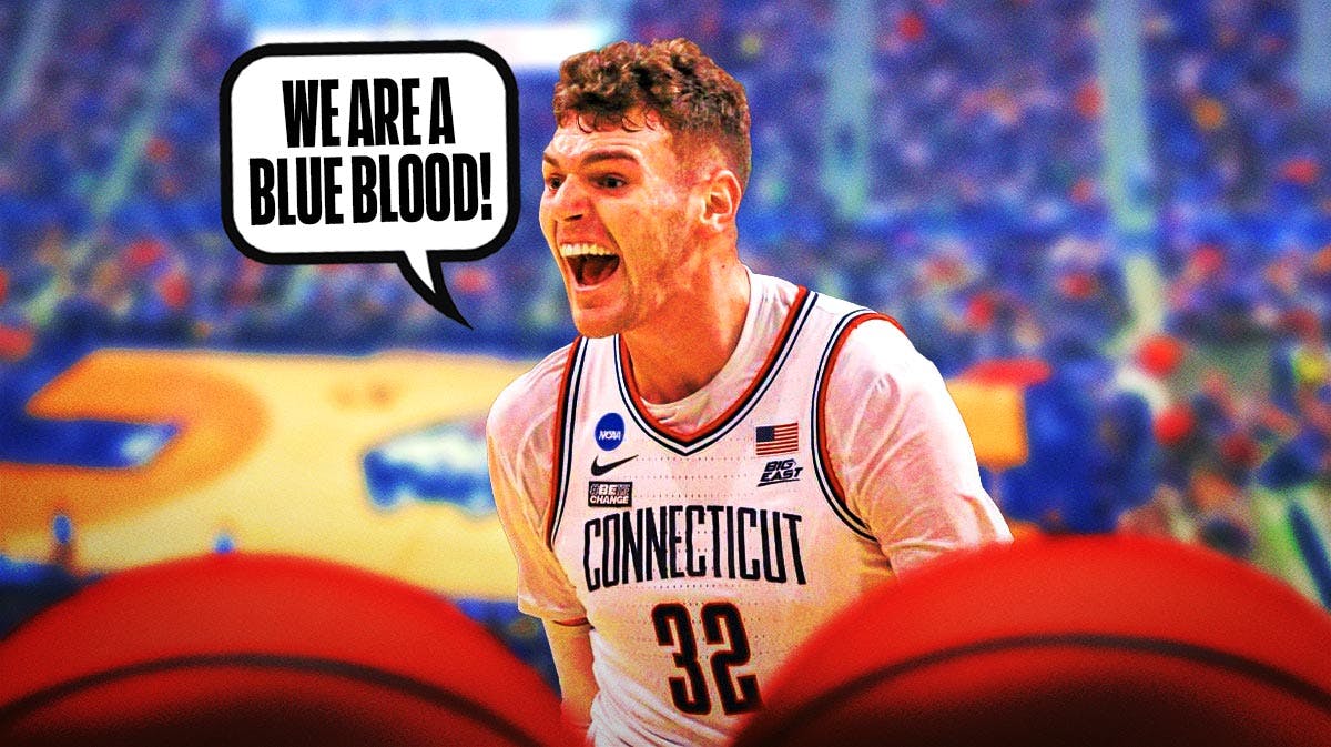 UConn basketball player Donovan Clingan, yelling "We are a blue blood!"