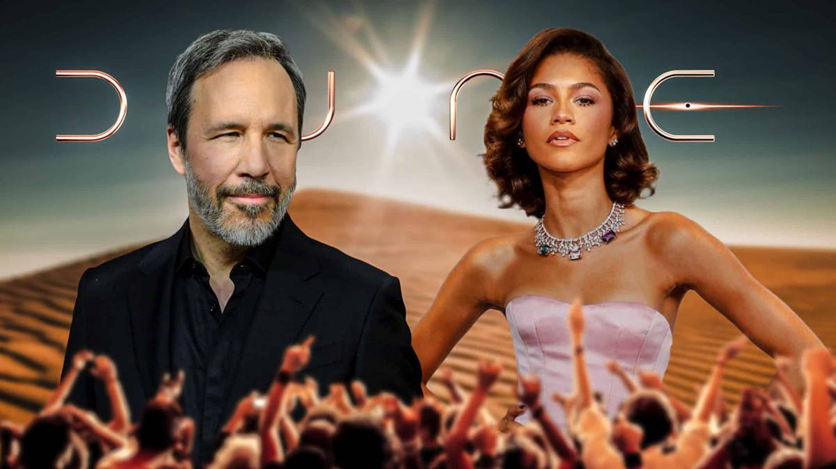 Denis Villeneuve and Chani actress Zendaya with Dune logo and sand background.