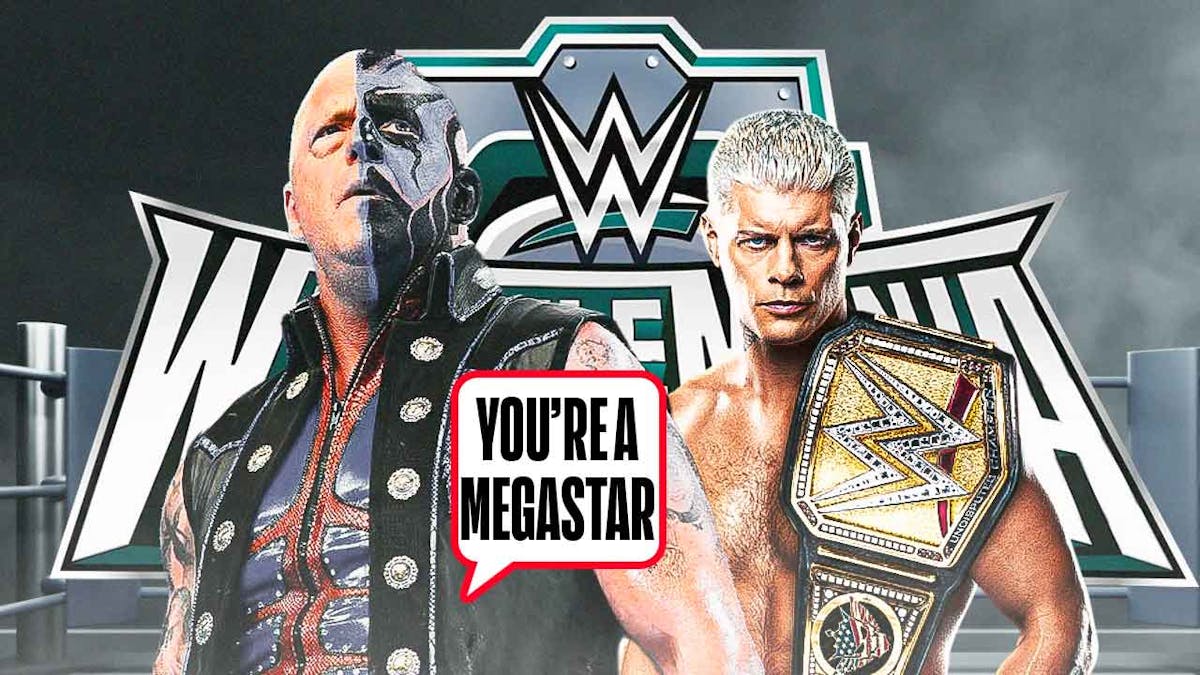 Dustin Rhodes with a text bubble reading "You're a Megastar" next to Cody Rhodes with the WrestleMania 40 logo as the background.