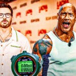 Red One stars Chris Evans and Dwayne Johnson with stopwatch and water bottle with red carpet background.