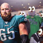 Lane Johnson and Jason Kelce on one side, a bunch of Philadelphia Eagles fans on the other side with the big eyes emoji over their faces
