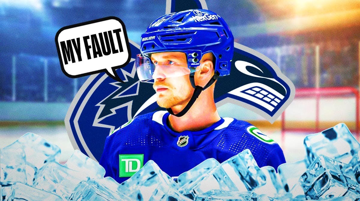 Elias Pettersson in image looking stern with speech bubble: "My fault" , Vancouver Canucks logo, hockey rink in background