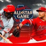 Reds Elly De La Cruz and Angels Reid Deitmers next to the 2024 MLB All-Star Game logo