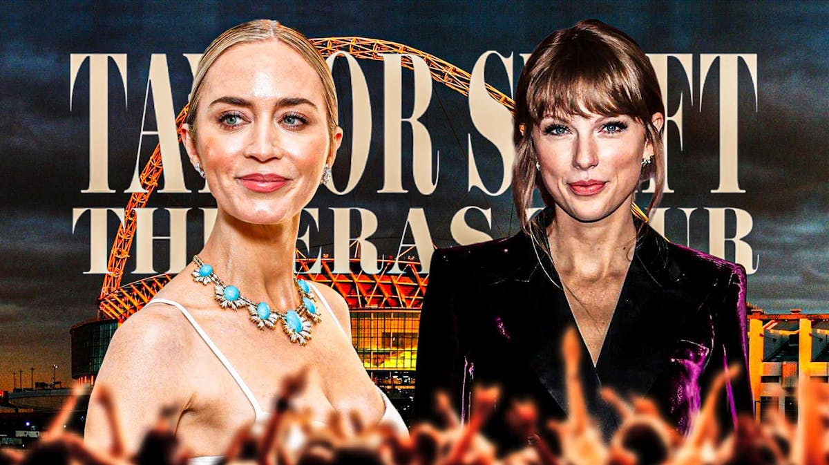 Emily Blunt and Taylor Swift with Eras Tour logo and Wembley Stadium in London background.