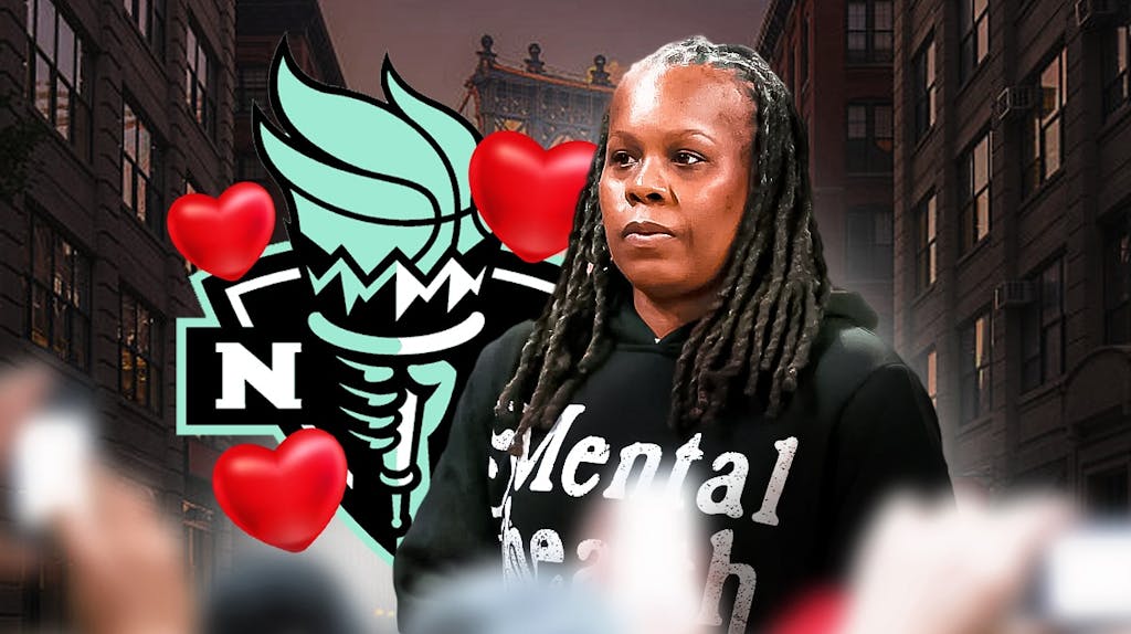 Former WNBA Player Epiphanny Prince, with Brooklyn, New York in the background and the New York Liberty logo, with hearts