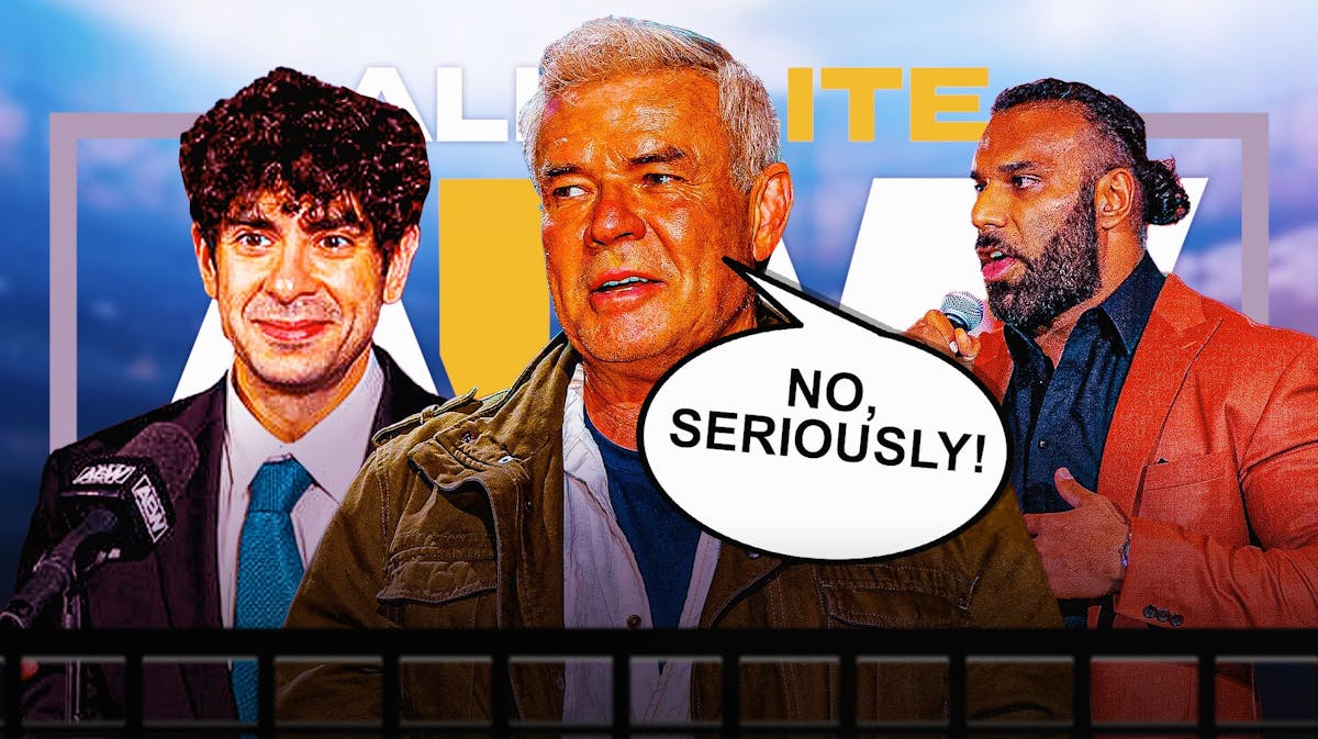 Eric Bischoff with a text bubble reading "No, seriously!" next to Tony Khan and Jinder Mahal with the AEW logo as the background.
