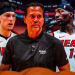 Miami Heat head coach Erik Spoelstra next to Bam Adebayo and Tyler Herro in front of the Kaseya Center.