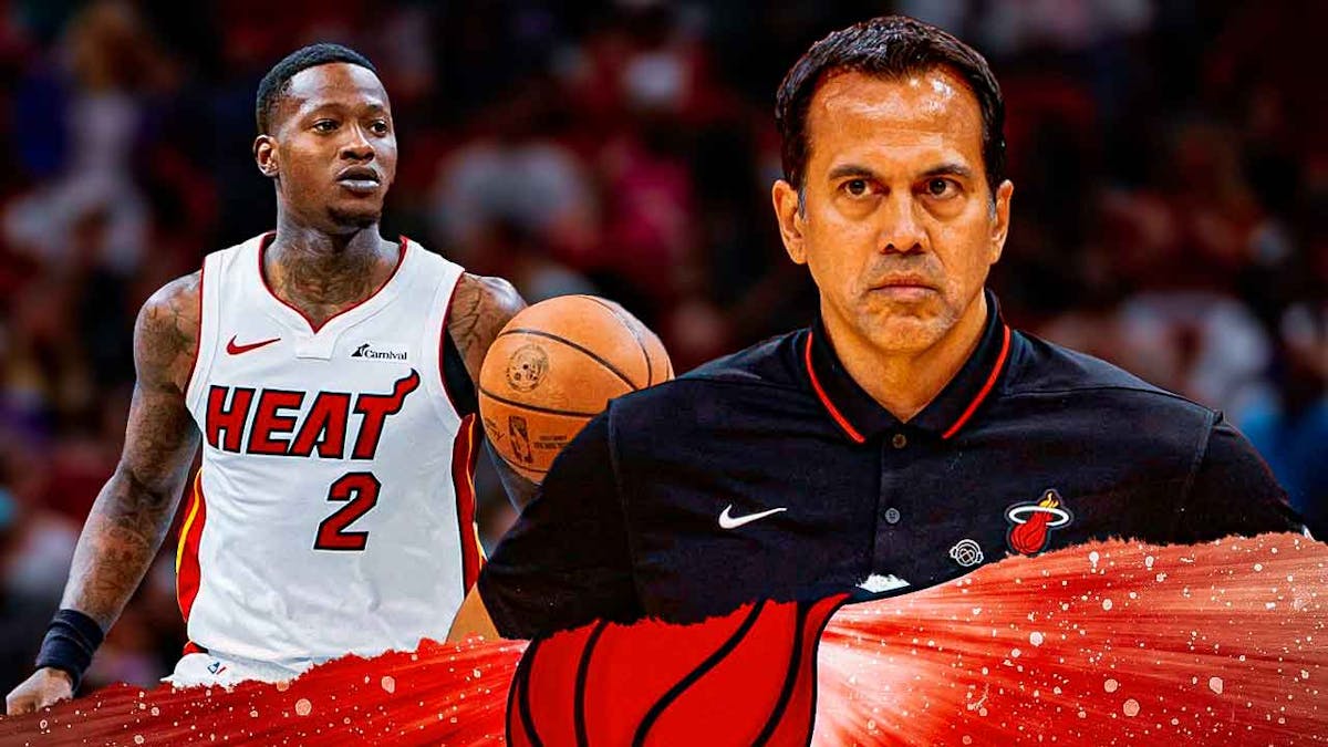 Miami Heat star Terry Rozier and head coach Erik Spoelstra in front of the Kaseya Center.