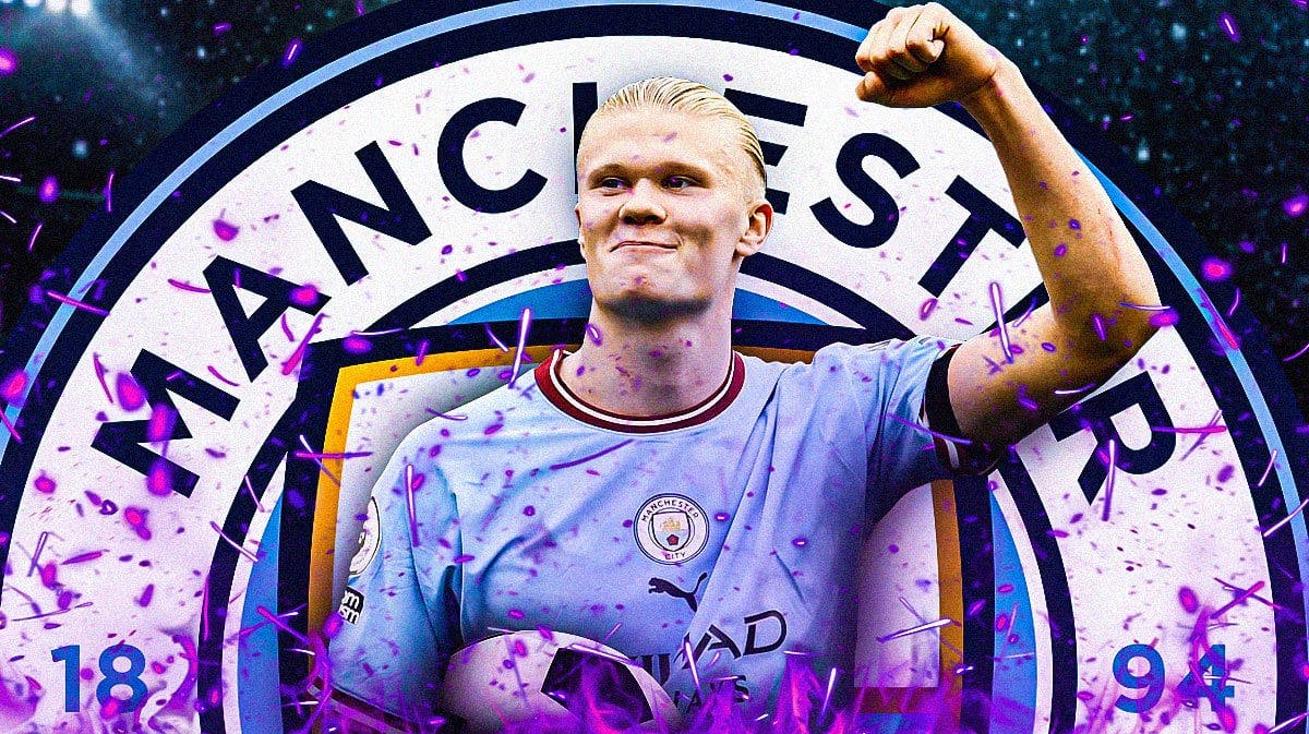 Erling Haaland celebrating on blue fire in front of the Manchester City logo
