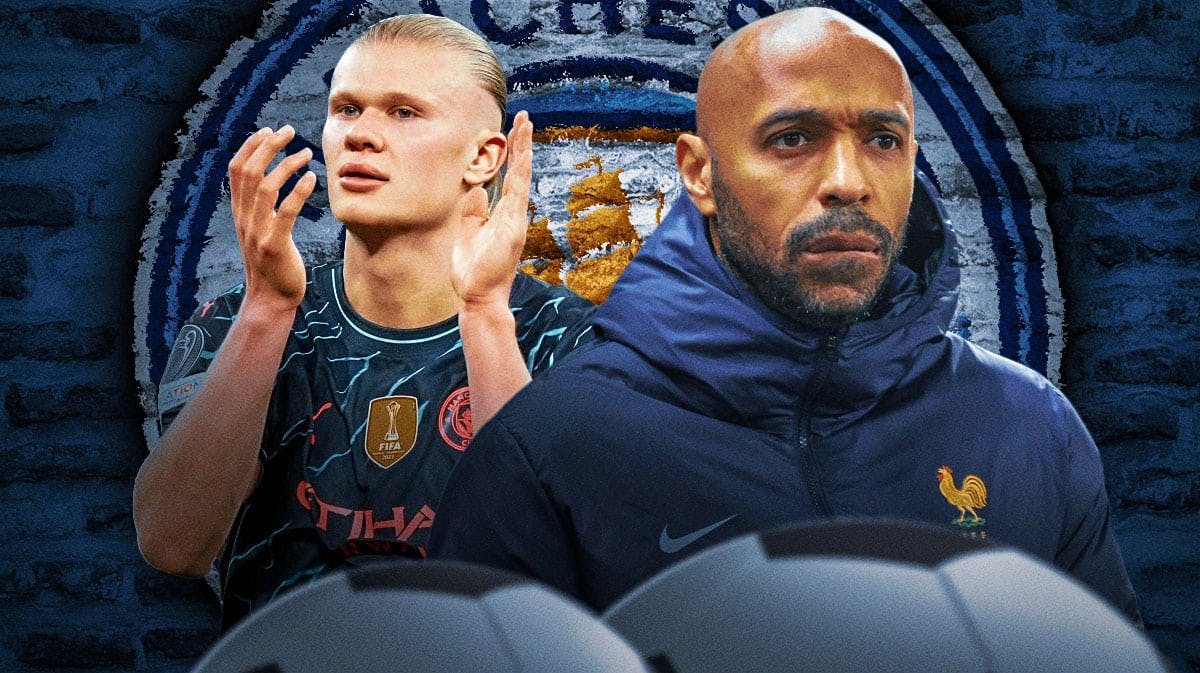 Thierry Henry and Erling Haaland in front of the Manchester City logo