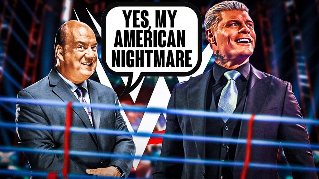Paul Heyman with a text bubble reading "Yes my American Nightmare" next to Cody Rhodes wearing all black with the WWE logo as the background.