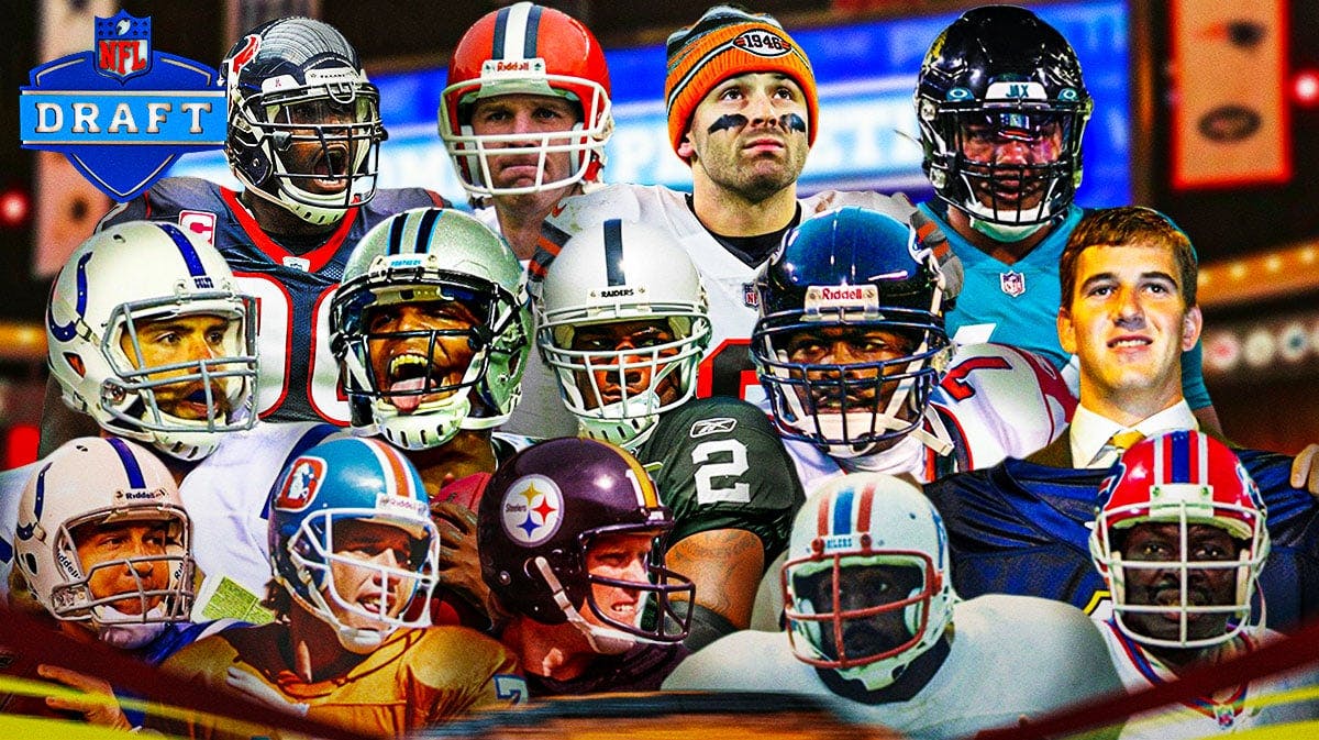 Peyton Manning (Colts), John Elway (Broncos), Terry Bradshaw (Steelers), Earl Campbell (Oilers), Bruce Smith (Bills), Eli Manning (holding the Chargers jersey when he was drafted), Mike Vick (Falcons), JaMarcus Russell (Raiders), Cam Newton (Panthers), Andrew Luck (Colts), Mario Williams (Texans), Tim Couch (Browns), Baker Mayfield (Browns), Travon Walker (Jaguars) all together. NFL Draft board as the background and NFL Draft logo in front.