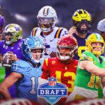 In one corner of the graphic is John Elway and Dan Marino. In another corner is Trevor Lawrence and Zach Wilson (Jets), in a third corner is Lamar Jackson and Baker Mayfield (Browns). In the final corner is Donovan McNabb (Eagles) and Tim Couch (Browns). In the middle of the graphic are Caleb Williams, Jayden Daniels, J.J. McCarthy, Michael Penix Jr., Drake Maye, and Bo Nix. NFL Draft logo in the bottom/front if room.