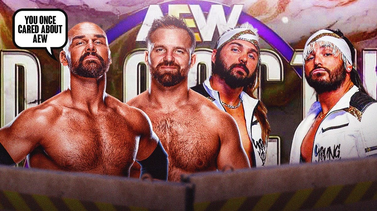Dax Hardoow with a text bubble reading "You once cared about AEW" next to Cash Wheeler and the 2024 Young Bucks with the AEW Dynasty logo as the background.