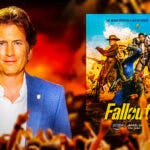 Fallout show poster next to Todd Howard and Fallout: New Vegas background
