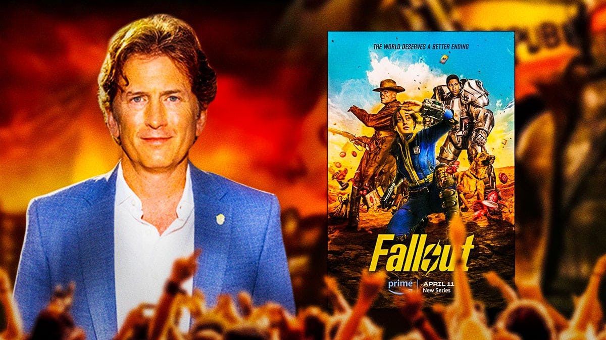 Fallout show poster next to Todd Howard and Fallout: New Vegas background