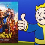 Fallout series poster next to an image of Vault Boy giving a thumbs up