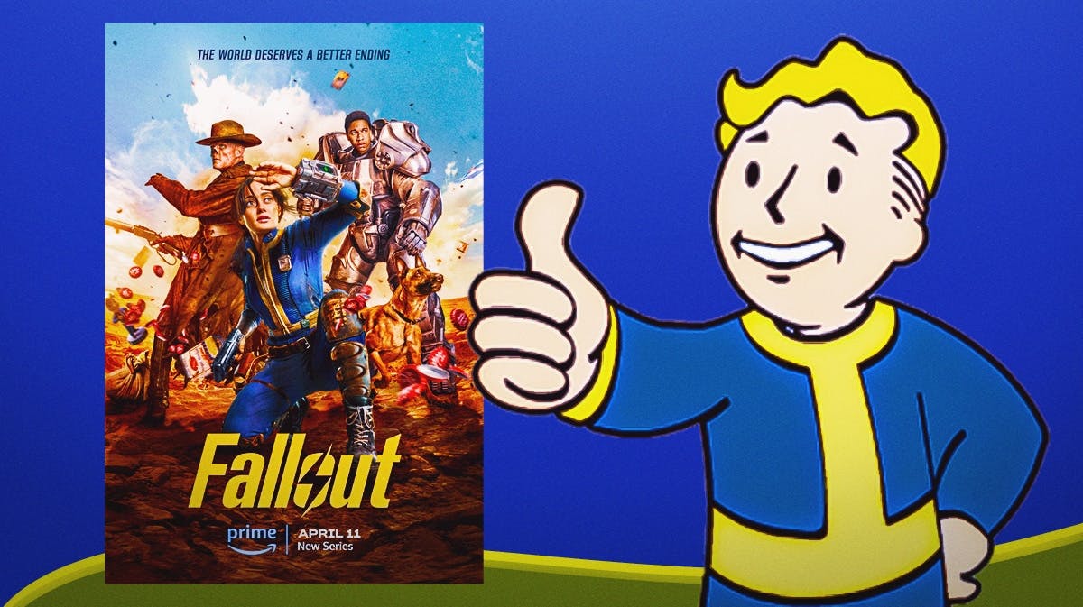 Fallout series poster next to an image of Vault Boy giving a thumbs up
