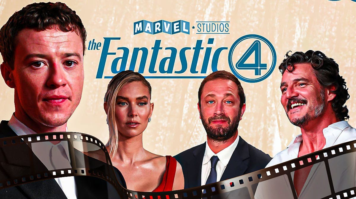 Joseph Quinn, Vanessa Kirby, Ebon Moss-Bachrach, and Pedro Pascal in front of MCU Fantastic Four logo.