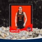 Indiana Fever player Caitlin Clark on a trading card, with money surrounding the card