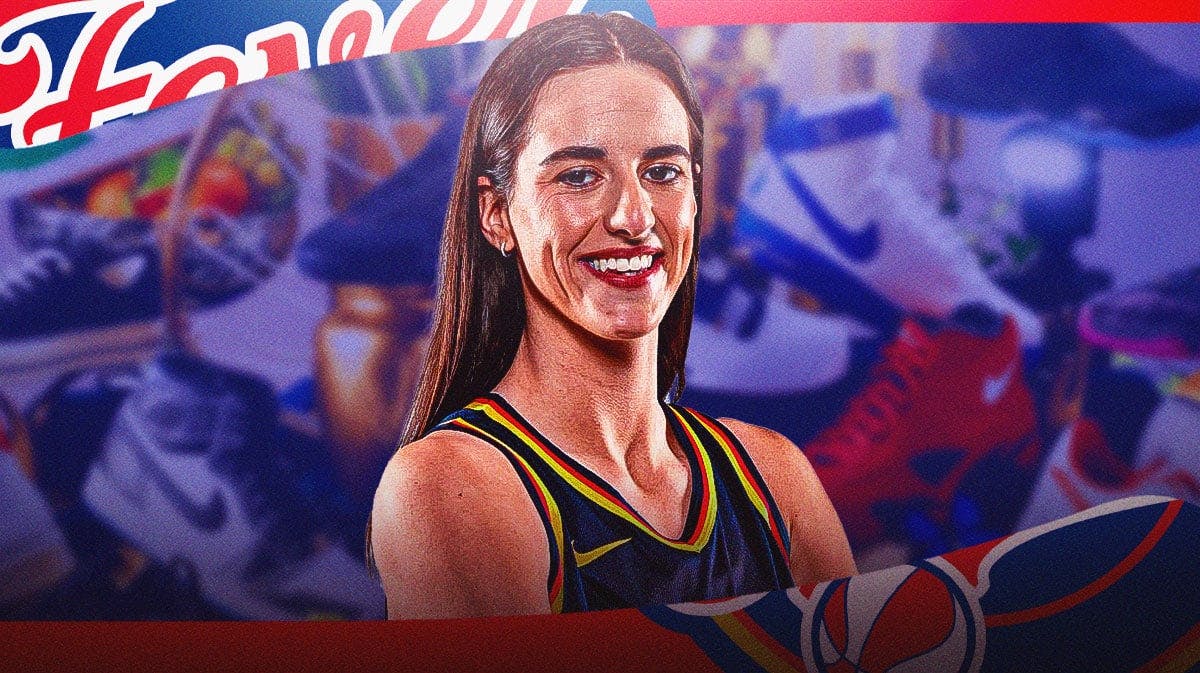 Caitlin Clark in Indiana Fever jersey, Nike shoes in the background