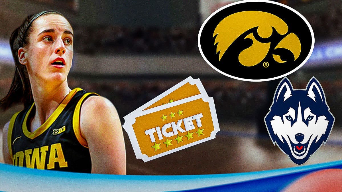 Caitlin Clark (Iowa women's basketball) on a ticket with Iowa Hawkeys and UConn Huskies logo