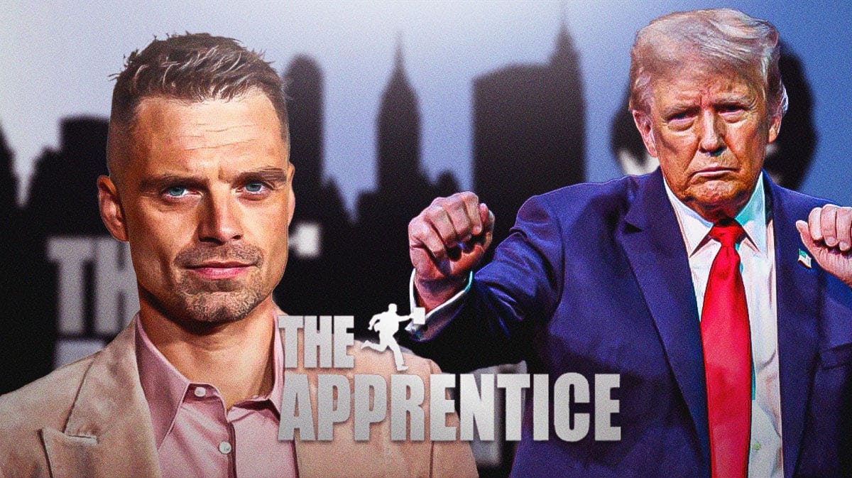 Sebastian Stan, Donald Trump and logo for The Apprentice
