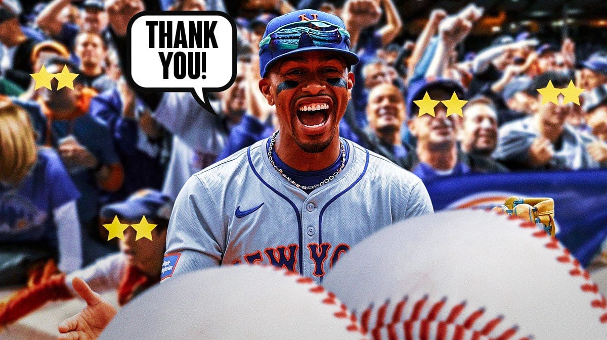 Francisco Lindor on one side with a speech bubble that says "Thank you!" a bunch of New York Mets fans on the other side with stars in their eyes