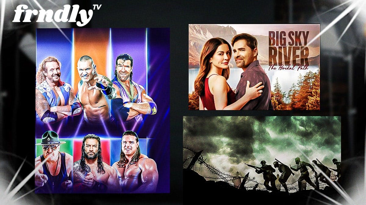 Frndly TV logo and the show posters for Biography: WWE Legends, the Hallmark movie Big Sky River: The Bridal Path, and the History Channel documentary The Great War