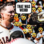 Blake Snell on one side with a speech bubble that says "That was weird" a bunch of San Francisco Giants fans on the other side with the big eyes emoji over their faces