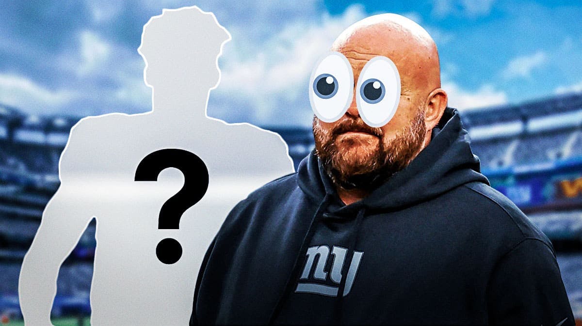 New York Giants head coach Brian Daboll with eyeball emoji over his eyes looking at a blank silhouette/outline of an American football player. There is a big question mark inside the silhouette/outline.