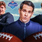 Joe Schoen, Drake Maye, JJ McCarthy. NFL Draft logo in background