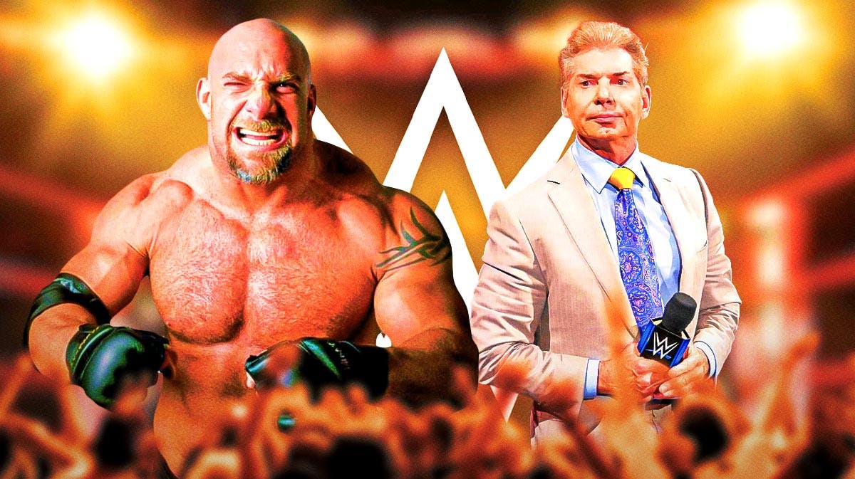 Bill Goldberg next to Vince McMahon with the WWE logo as the background.