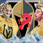 Logan Thompson and Adin Hill both in image, 3-5 question marks in image, hockey rink in background, Vegas Golden Knights logo