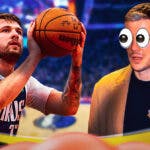 Goran Dragic (normal clothes) eyes popping out looking at Mavericks' Luka Doncic shooting a basketball.
