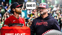 Shane Bieber with an injury kit in front of him, Stephen Vogt on the other side with a speech bubble that says "Dang it!"