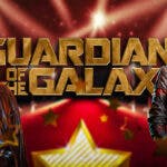 Zoe Saldaña next to Gamora and MCU Guardians of the Galaxy logo.