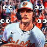 Gunnar Henderson on one side, a bunch of Baltimore Orioles fans on the other side with the big eyes emoji over their faces