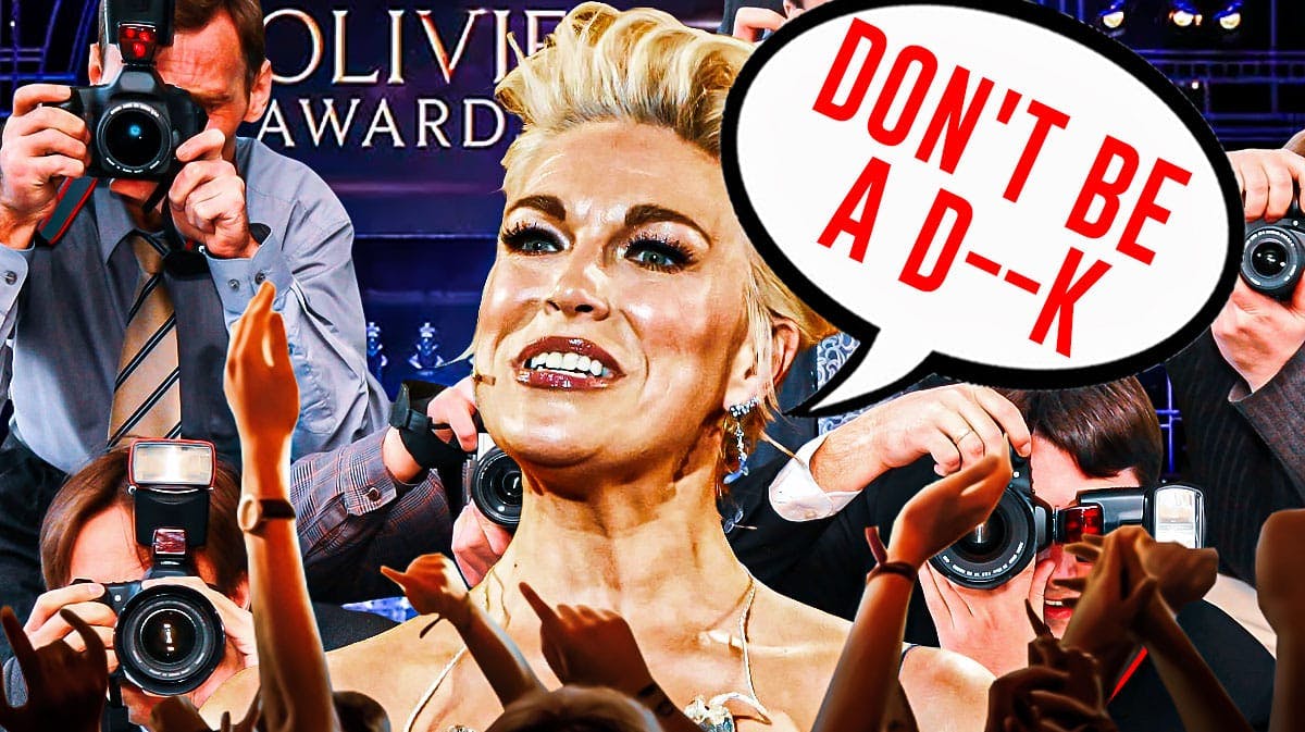 Hannah Waddingham with speech bubble "Don't be a d--k", and imagery for the Olivier Awards and paparazzi cameras