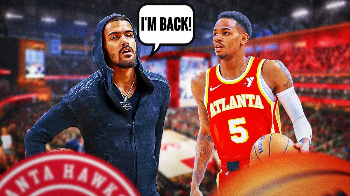 Hawks' Trae Young saying "I'm Back" next to Dejounte Murray
